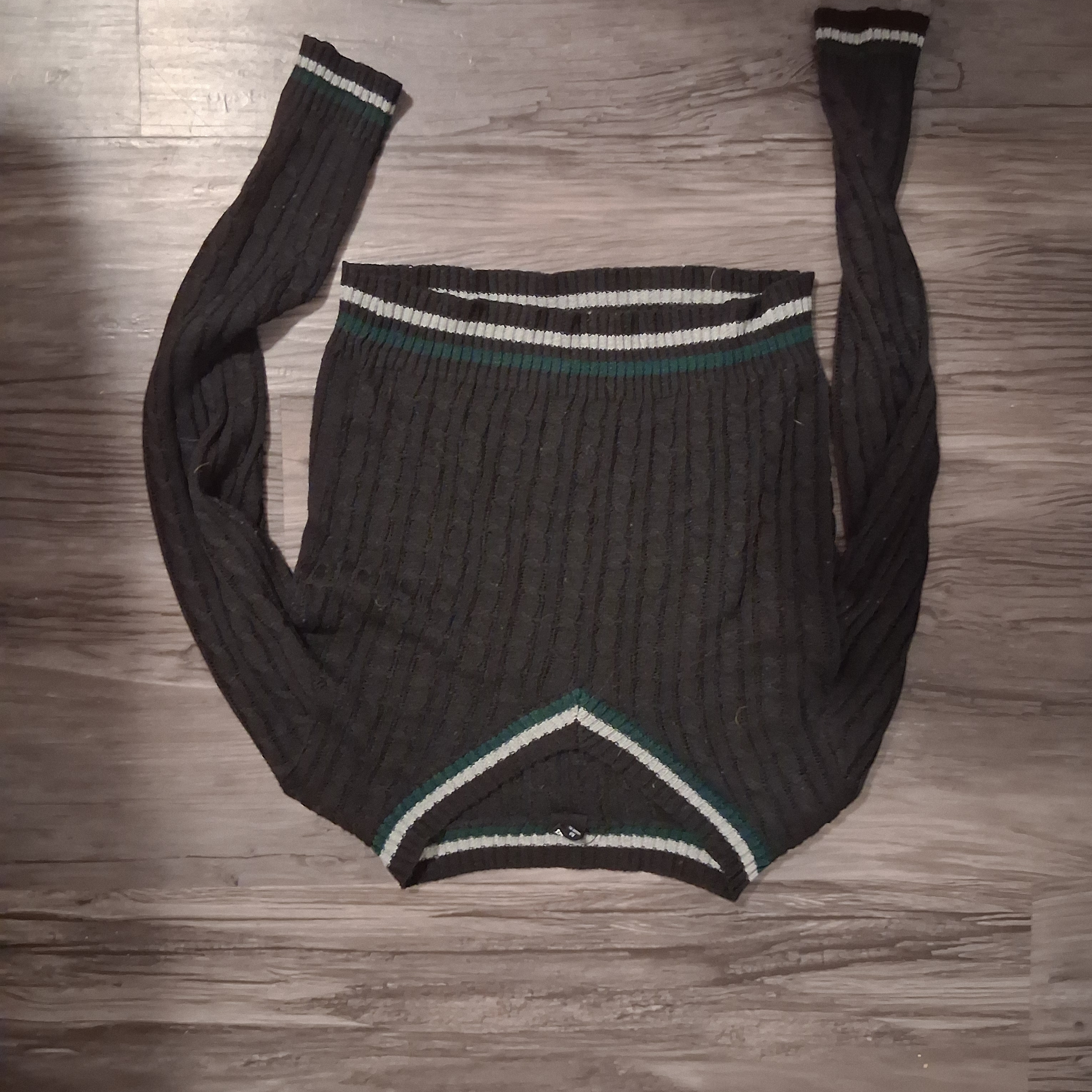 Black V-Neck Ribbed Sweater With Green And White Stripes